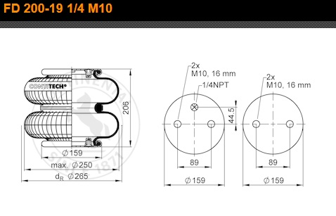 Пневморессора двойная 895N DAF/ROR/VO/Sсhmitz 2отв.M10 1отв-шт.G1/4 Н:2отв.М10 