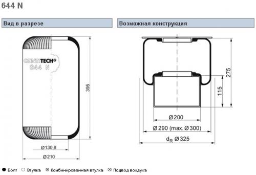 Пневморессора 644N цил 395-210-130.8/130.8 BPW/Fruehauf/Kogel/MAN/VOLVO/SETRA