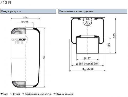 Пневморессора 713N кон 492-240-130.8/130.8 подъем оси VOLVO