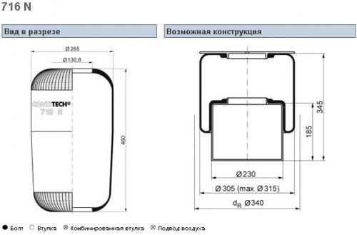 Пневморессора 716N кон 460-264-130.8/130.8 MAN/VOLVO/Schmitz