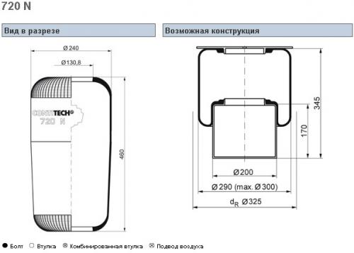 Пневморессора 720N кон 460-240-130.8/130.8 BPW/MB/MAN/Neoplan/VOLVO