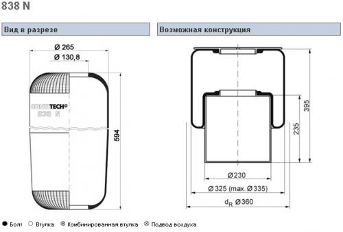 Пневморессора 838N кон 594-264-130.8/130.8 MB