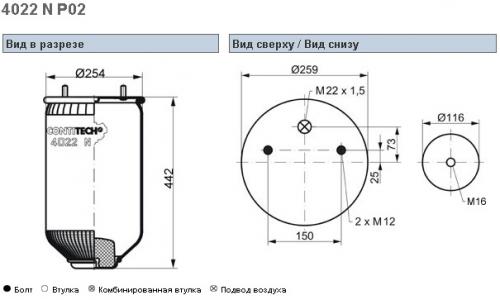 Пневморессора SAF 4022NP02- (крепление стакана M12)